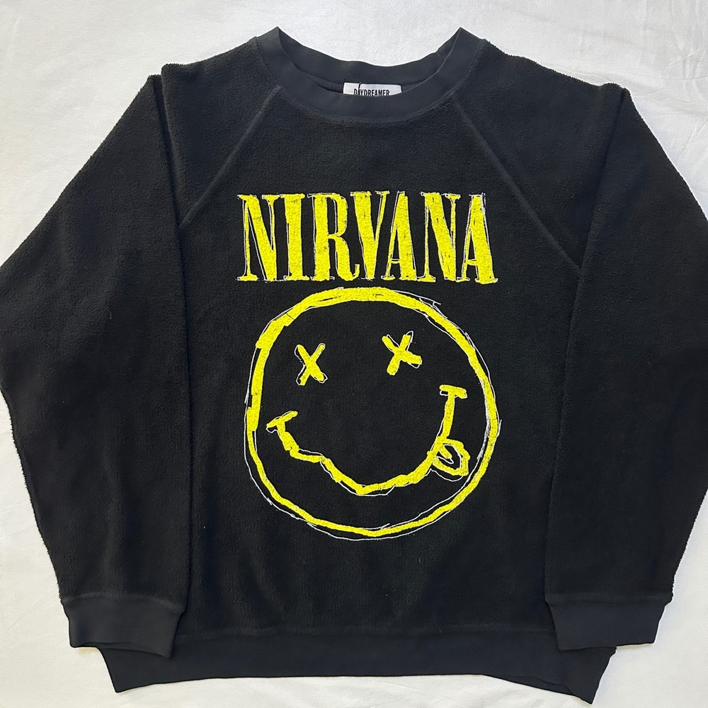 Daydreamer Nirvana Smiley Reverse Fleece Sweatshirt M Black Raglan Crew Grunge‎